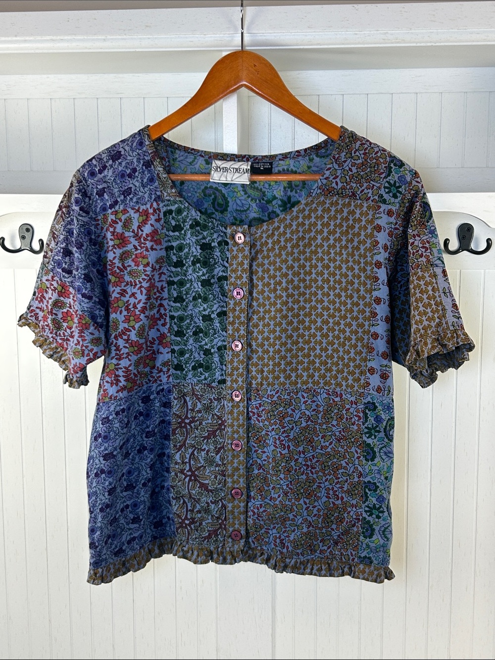Vintage Silver Stream India Cotton Patchwork Floral Boho Blouse M